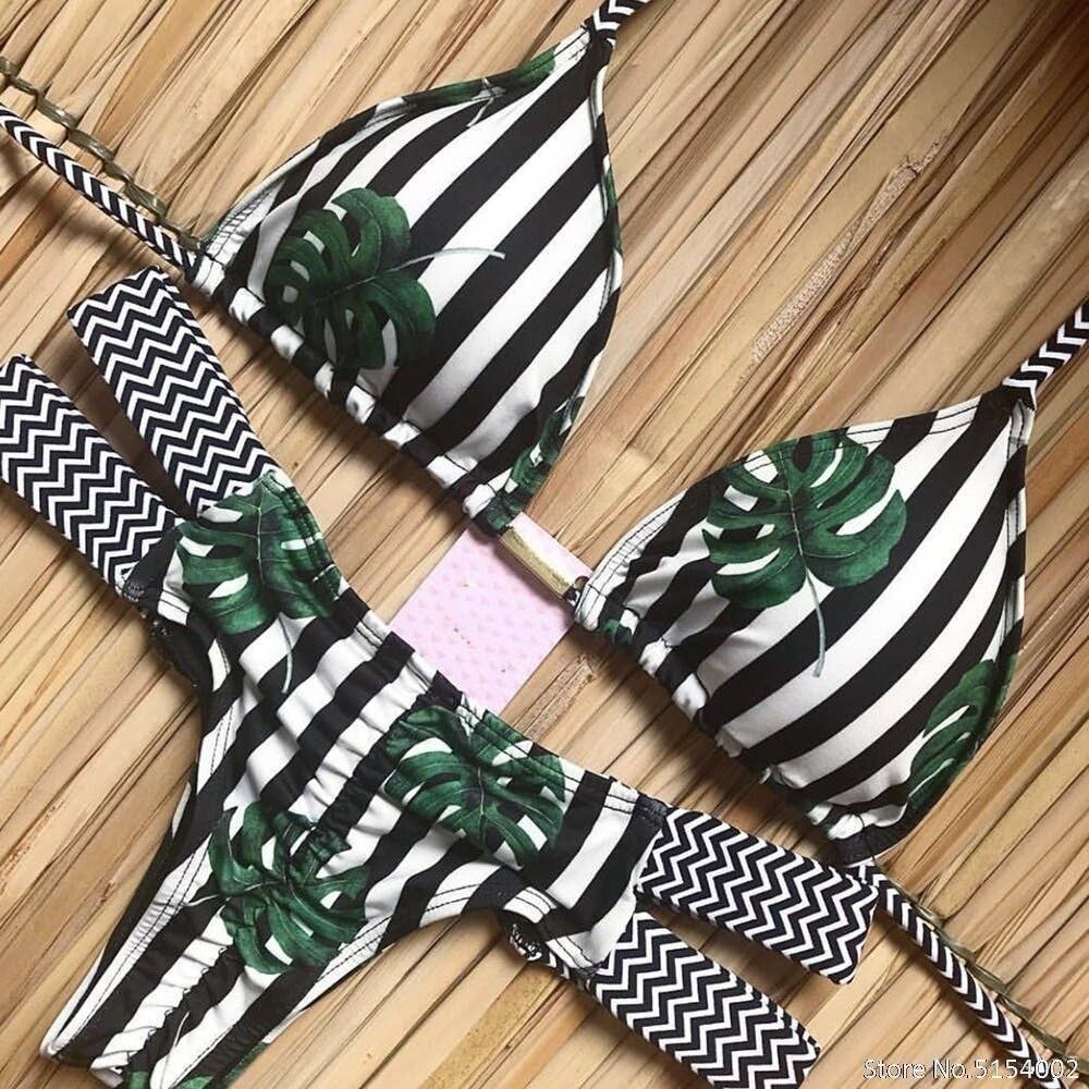 Striped Tropical Leaf Jungle Bikini S